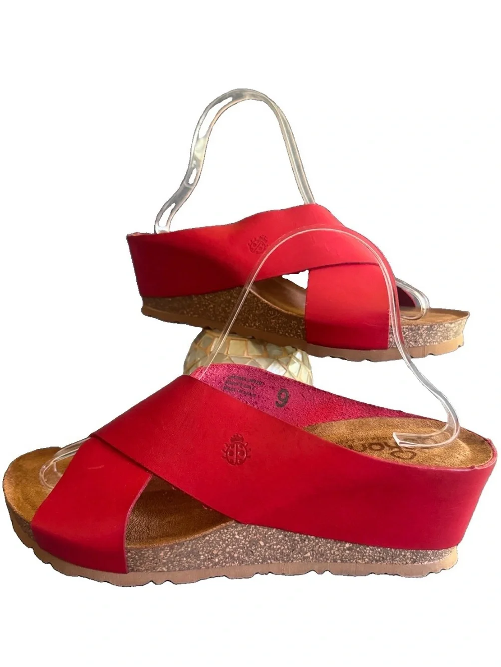 Yokono Red Leather Wedge Sandals 9 Boho Criss Cross Platform Slides Spain